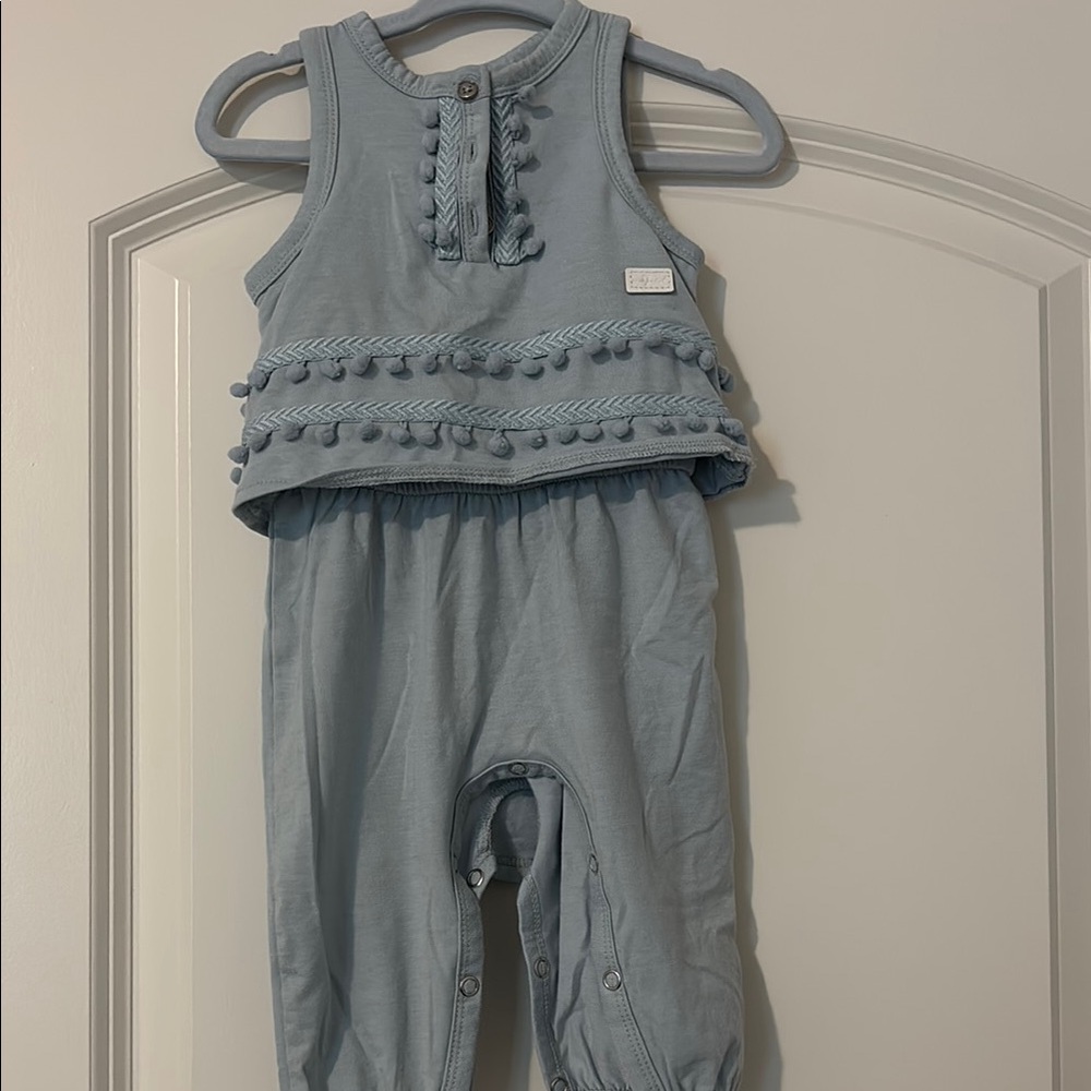 7 Man Kind Blue Baby Romper with Pom Pom Trim